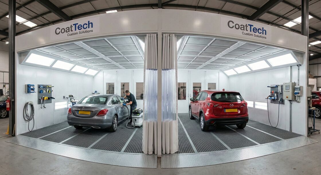 CoatTech Drive-Through Linear Sanding Station with Front and Rear Access Curtains for High-Volume Workflow